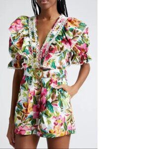 FARM RIO Romper XL Floral Off White Painted Flowers Eyelet Lace Trim Ruffle NEW